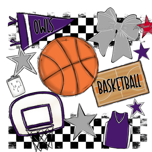 Owls Checkers Basketball Spirit Design-Purple-Grey