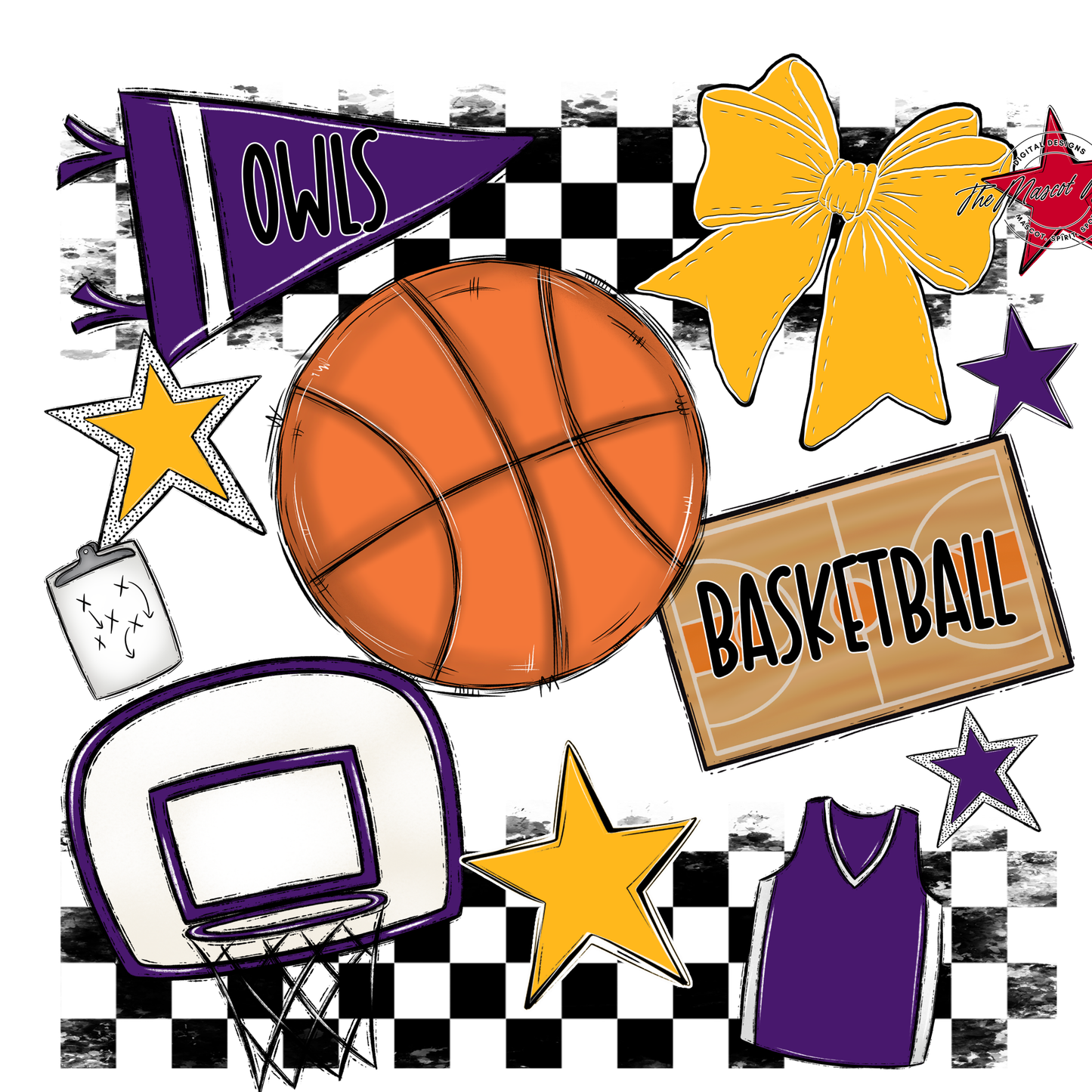 Owls Checkers Basketball Spirit Design-Purple-Yellow