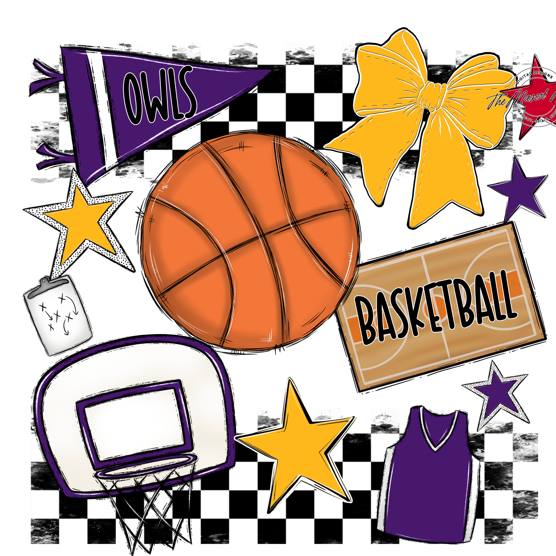 Owls Checkers Basketball Spirit Design-Purple-Yellow