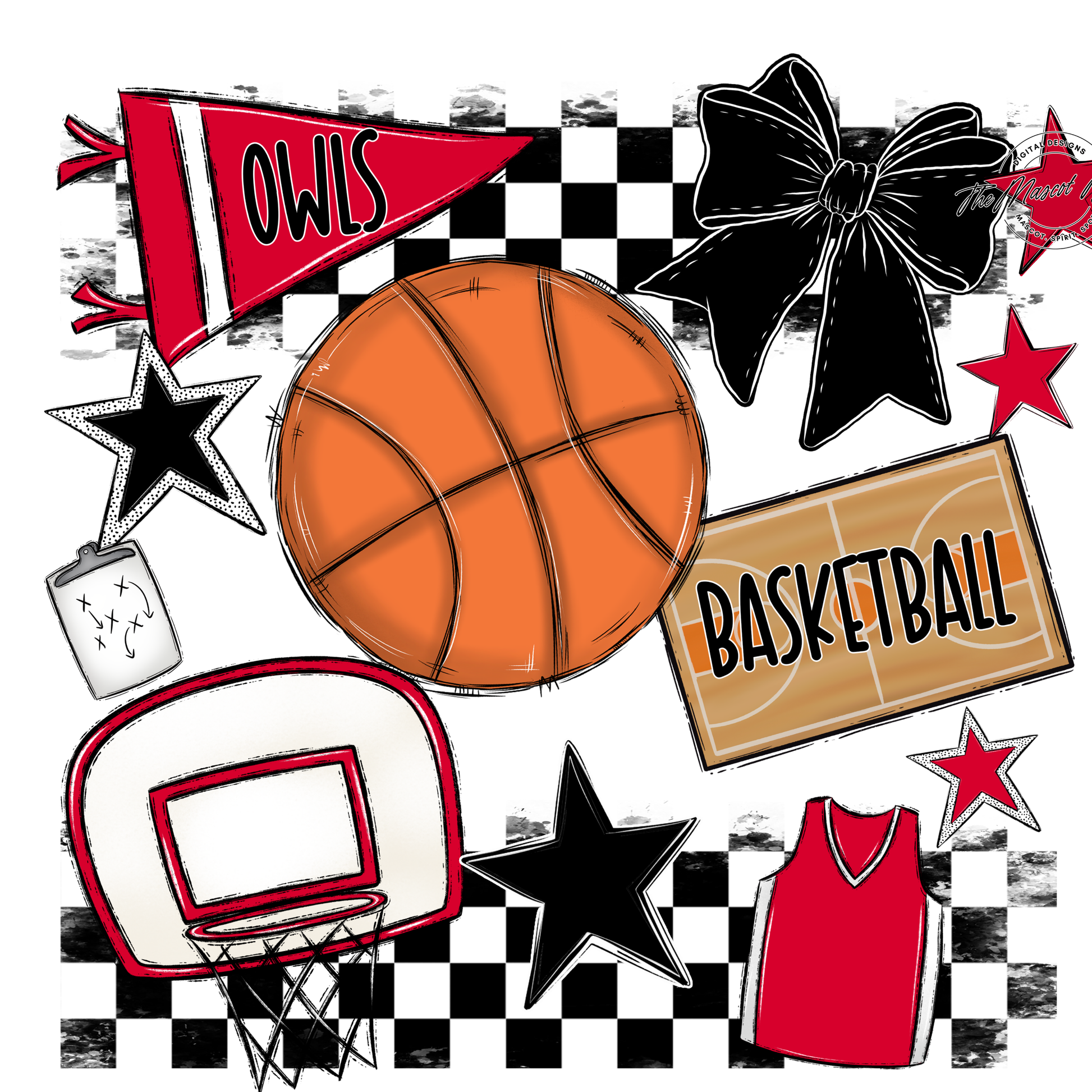 Owls Checkers Basketball Spirit Design-Red