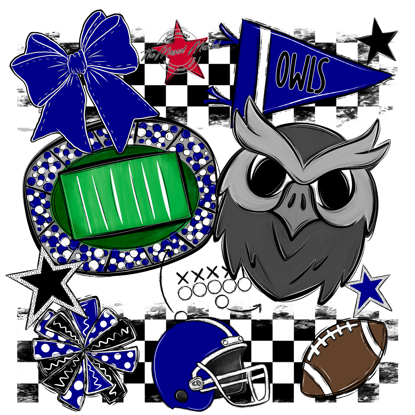 Owls Checkers Mascot Spirit Design-Blue
