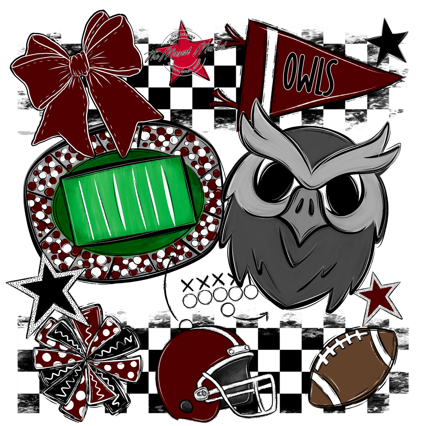 Owls Checkers Mascot Spirit Design-Maroon