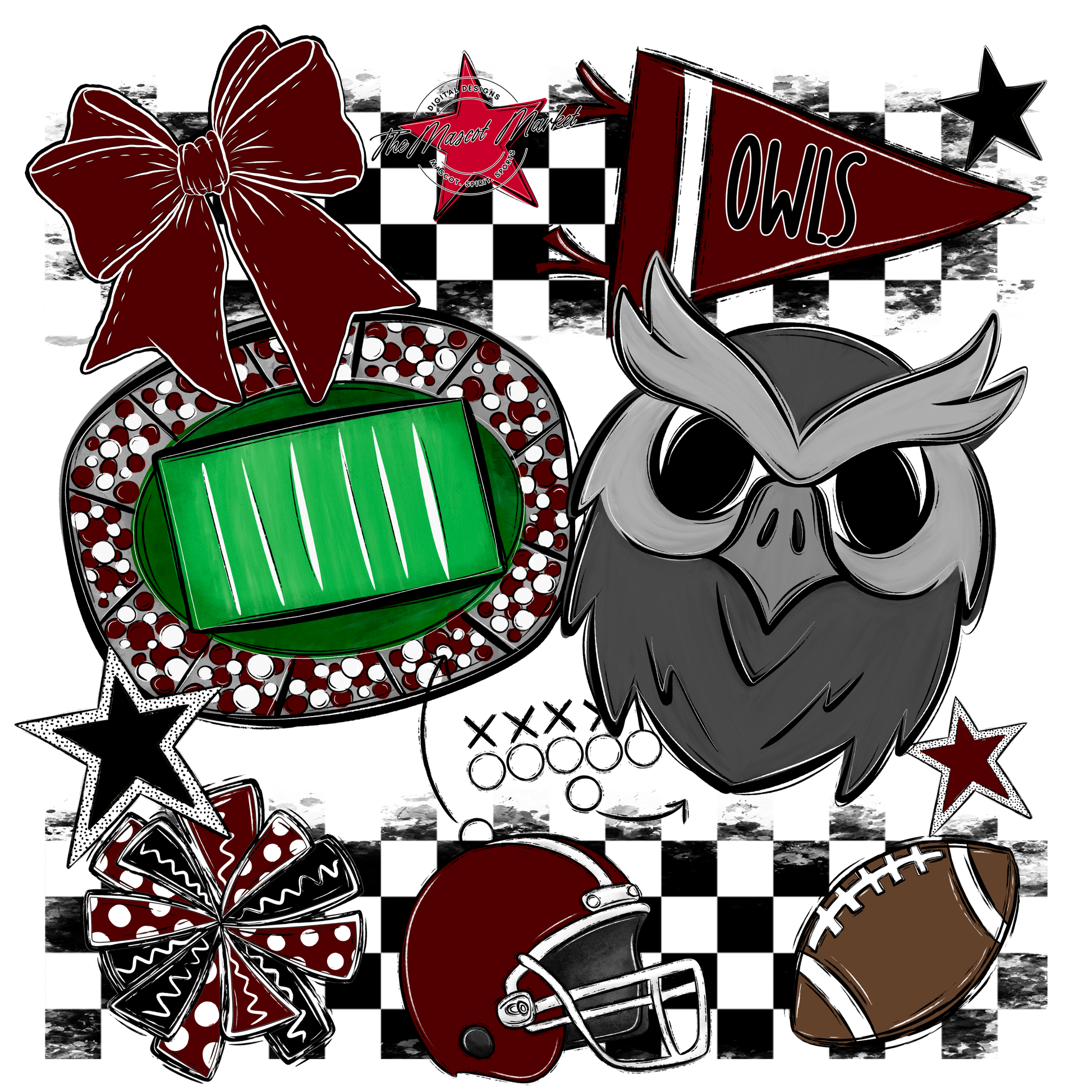Owls Checkers Mascot Spirit Design-Maroon