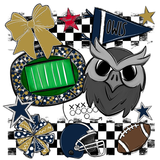 Owls Checkers Mascot Spirit Design-Navy-Gold