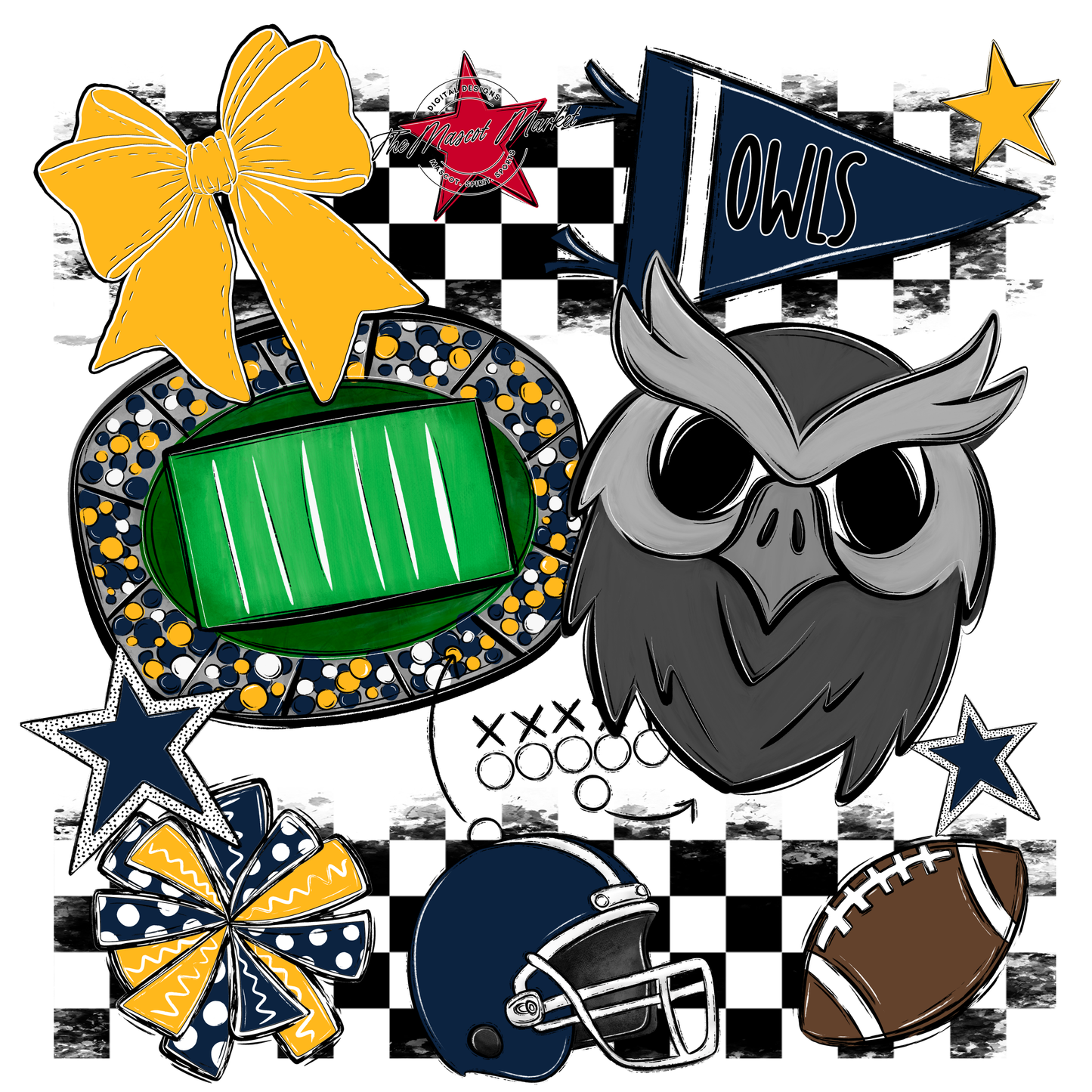 Owls Checkers Mascot Spirit Design-Navy-Yellow