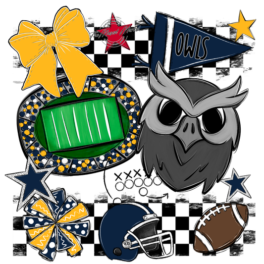 Owls Checkers Mascot Spirit Design-Navy-Yellow
