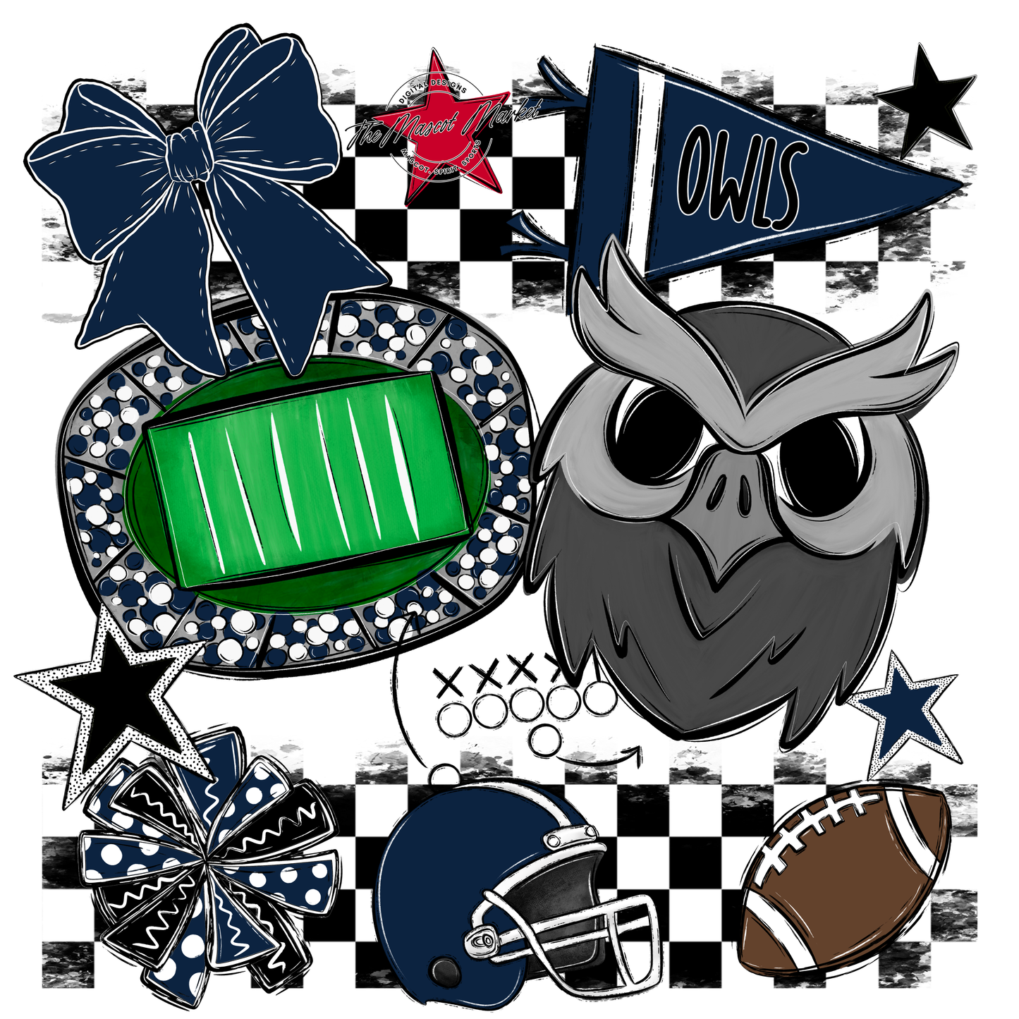 Owls Checkers Mascot Spirit Design-Navy
