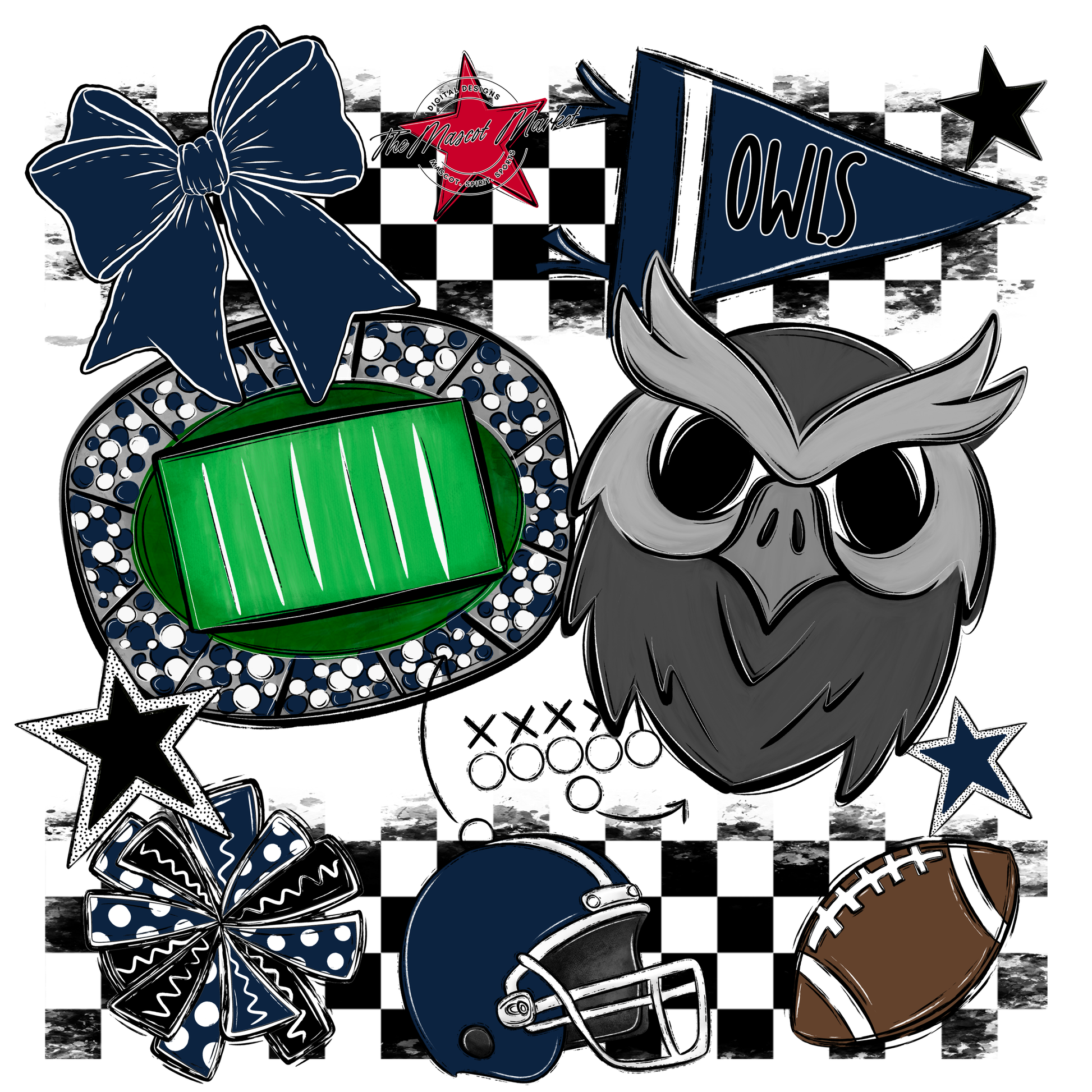 Owls Checkers Mascot Spirit Design-Navy