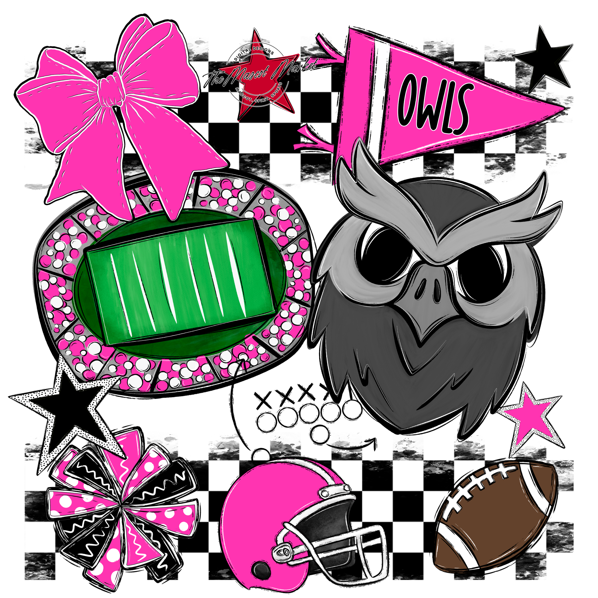 Owls Checkers Mascot Spirit Design-Pink