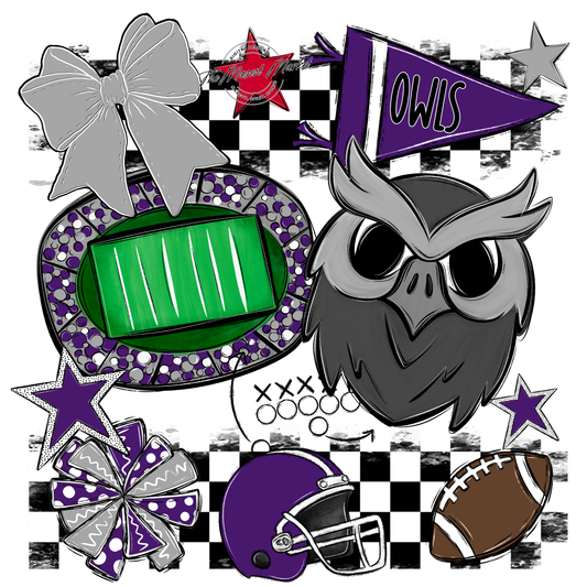 Owls Checkers Mascot Spirit Design-Purple-Grey