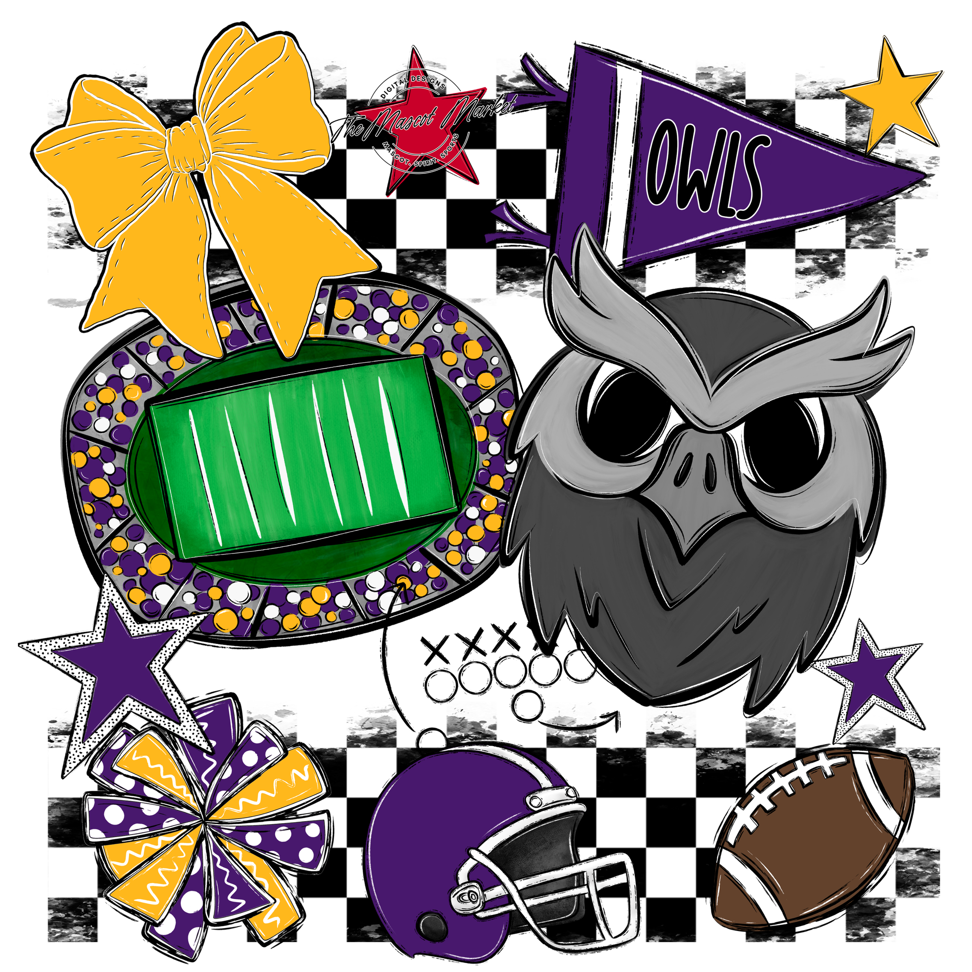 Owls Checkers Mascot Spirit Design-Purple-Yellow