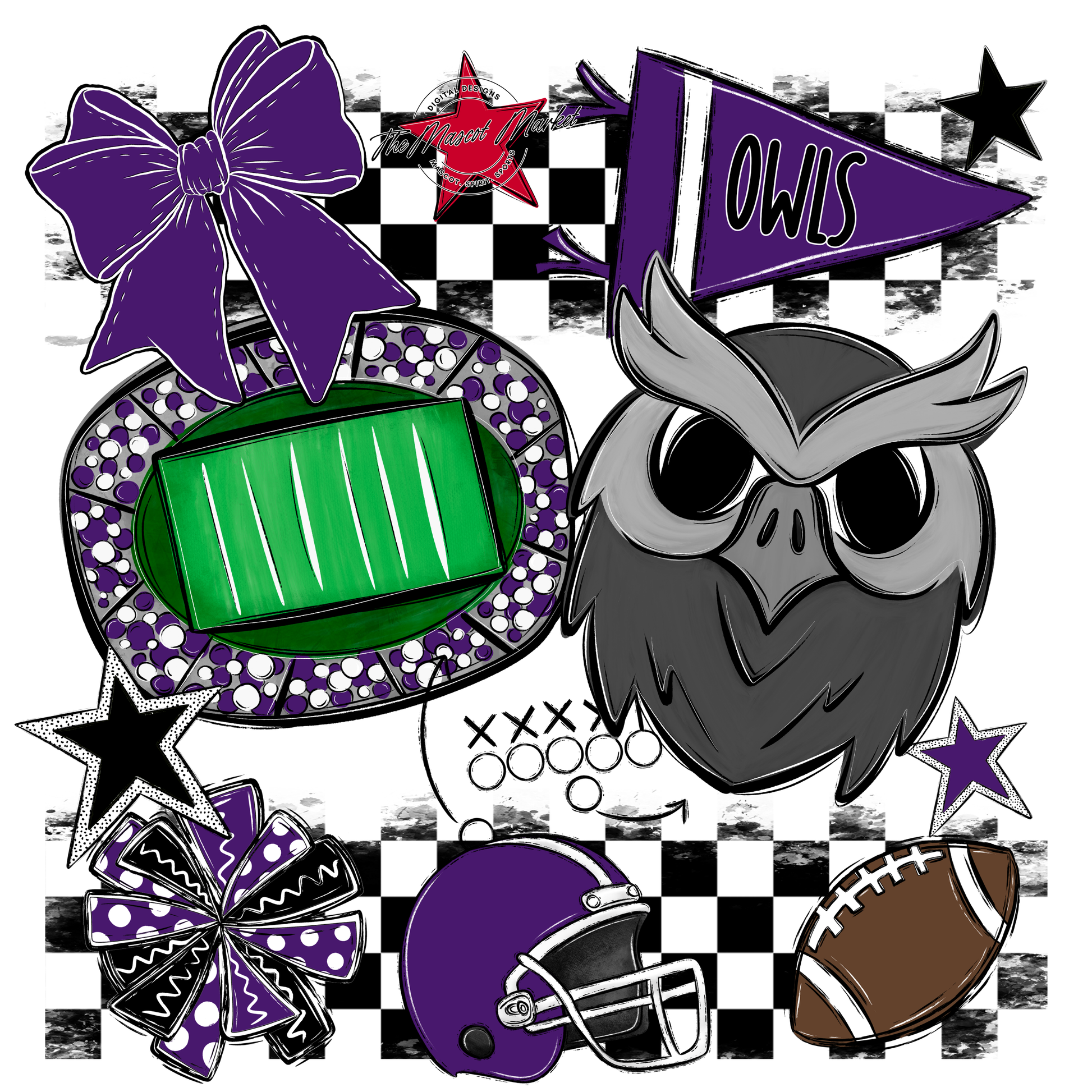 Owls Checkers Mascot Spirit Design-Purple