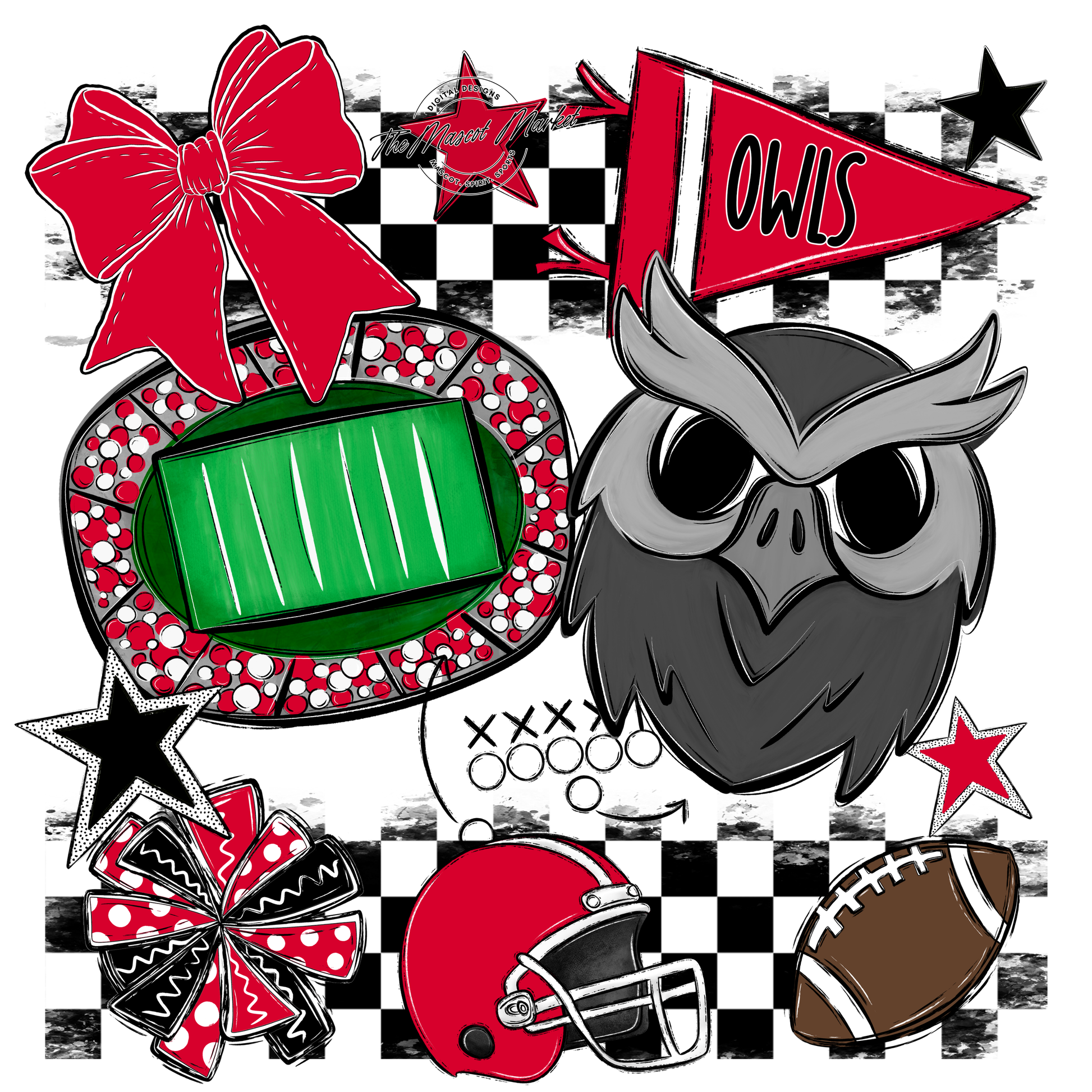 Owls Checkers Mascot Spirit Design-Red