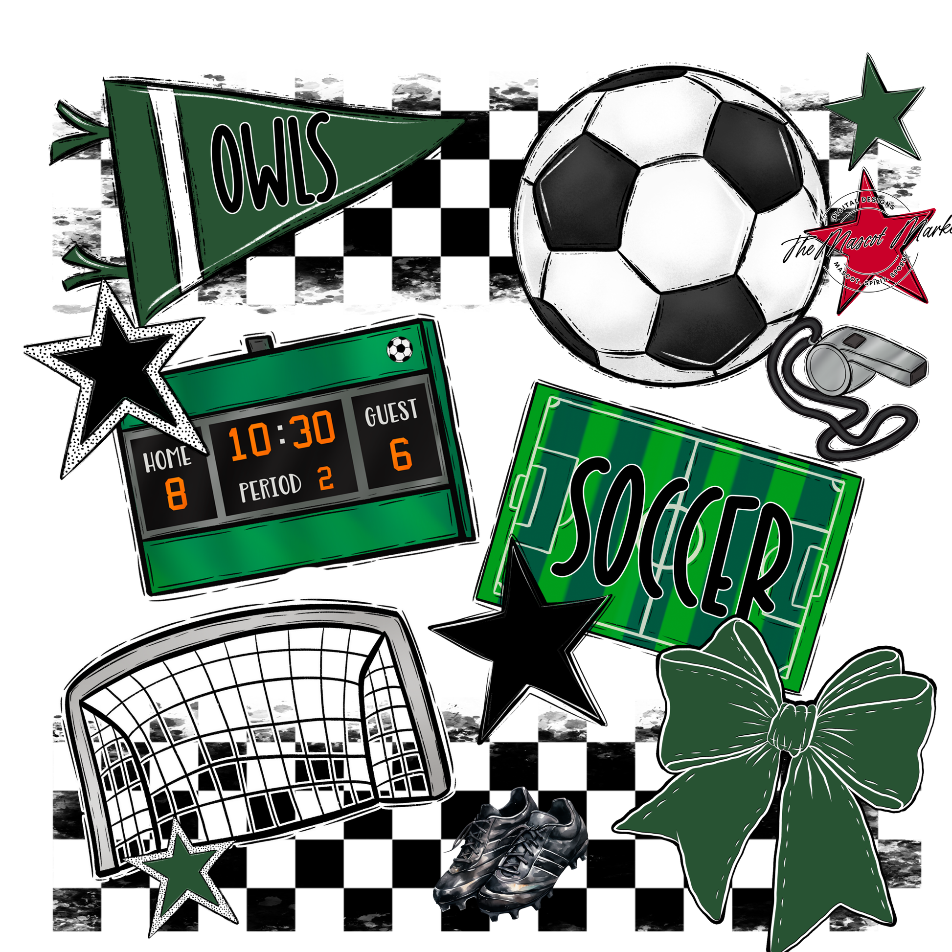 Owls Checkers Soccer Spirit Design-Green