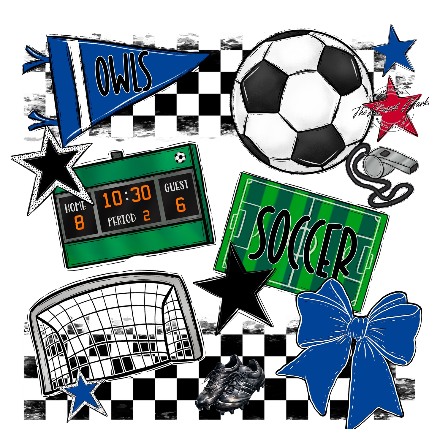 Owls Checkers Soccer Spirit Design-Off Blue