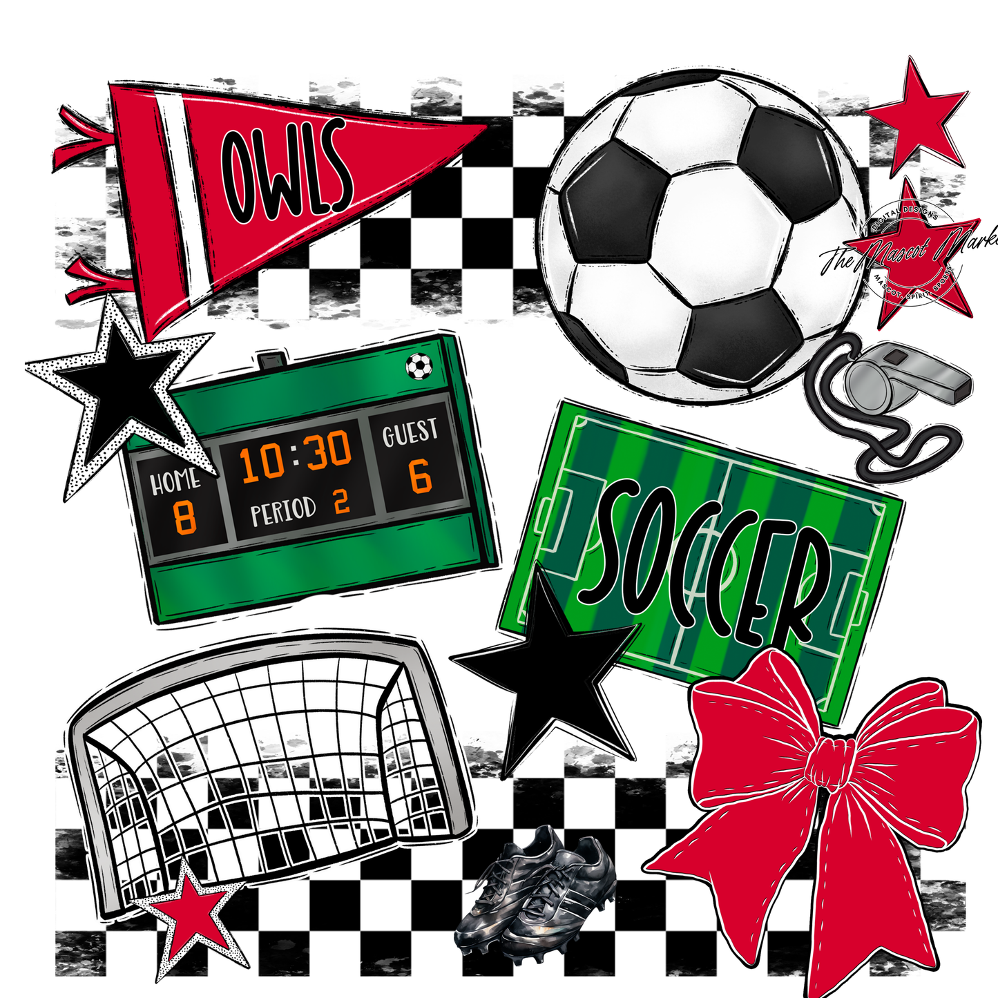 Owls Checkers Soccer Spirit Design-Red