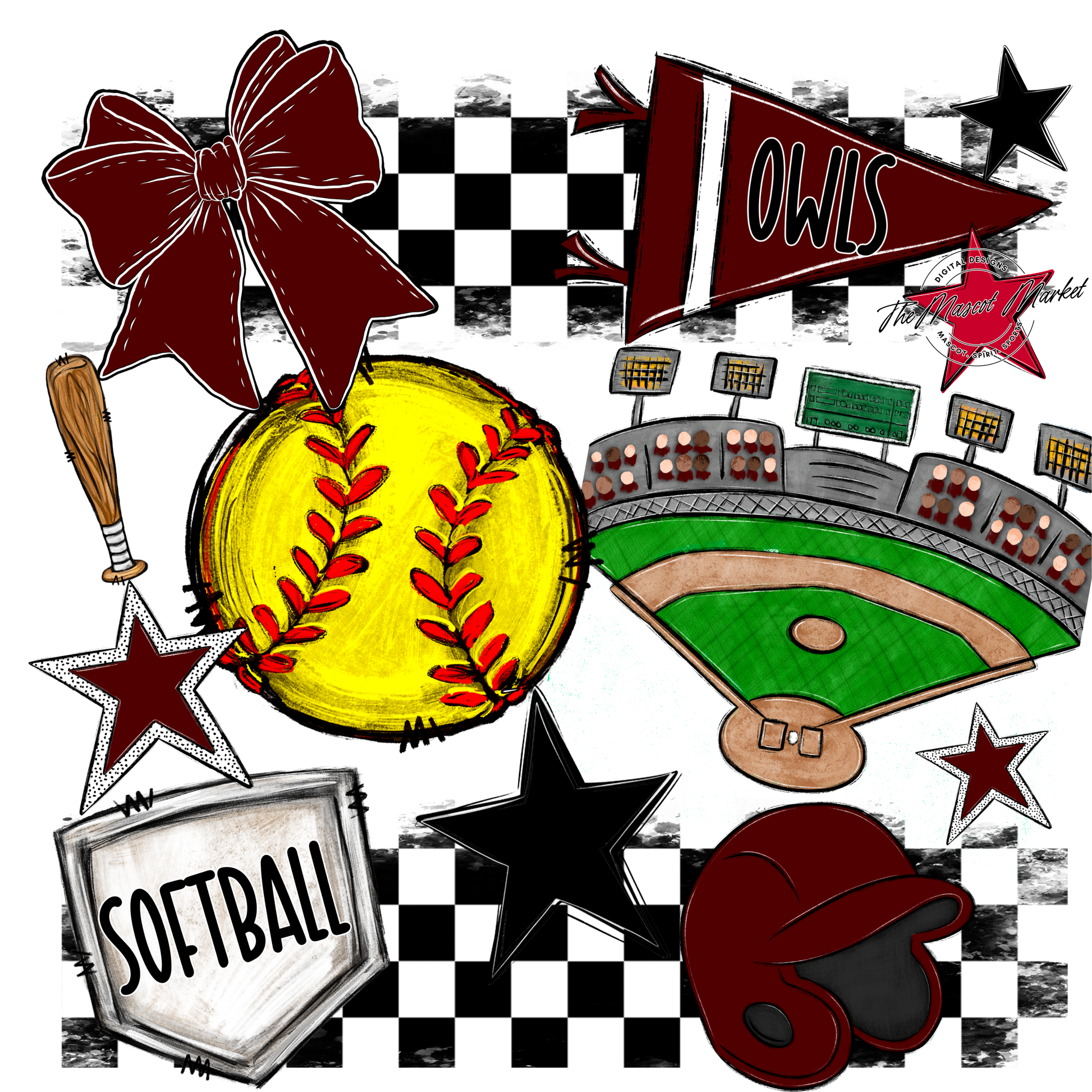 Owls Checkers Softball Spirit Design-Maroon