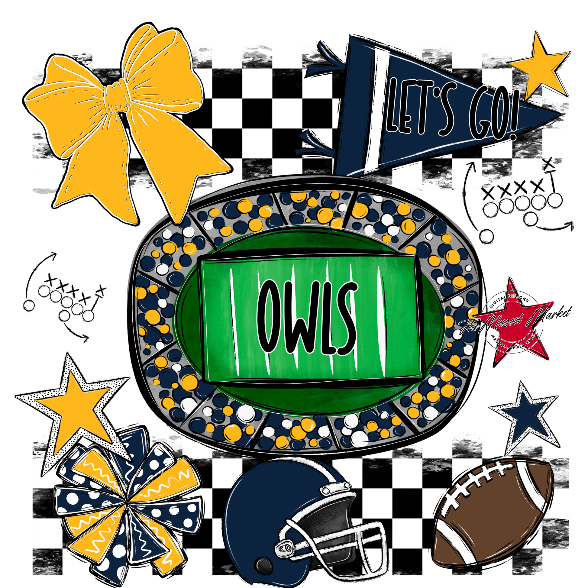Owls Checkers Spirit Design-Navy-Yellow