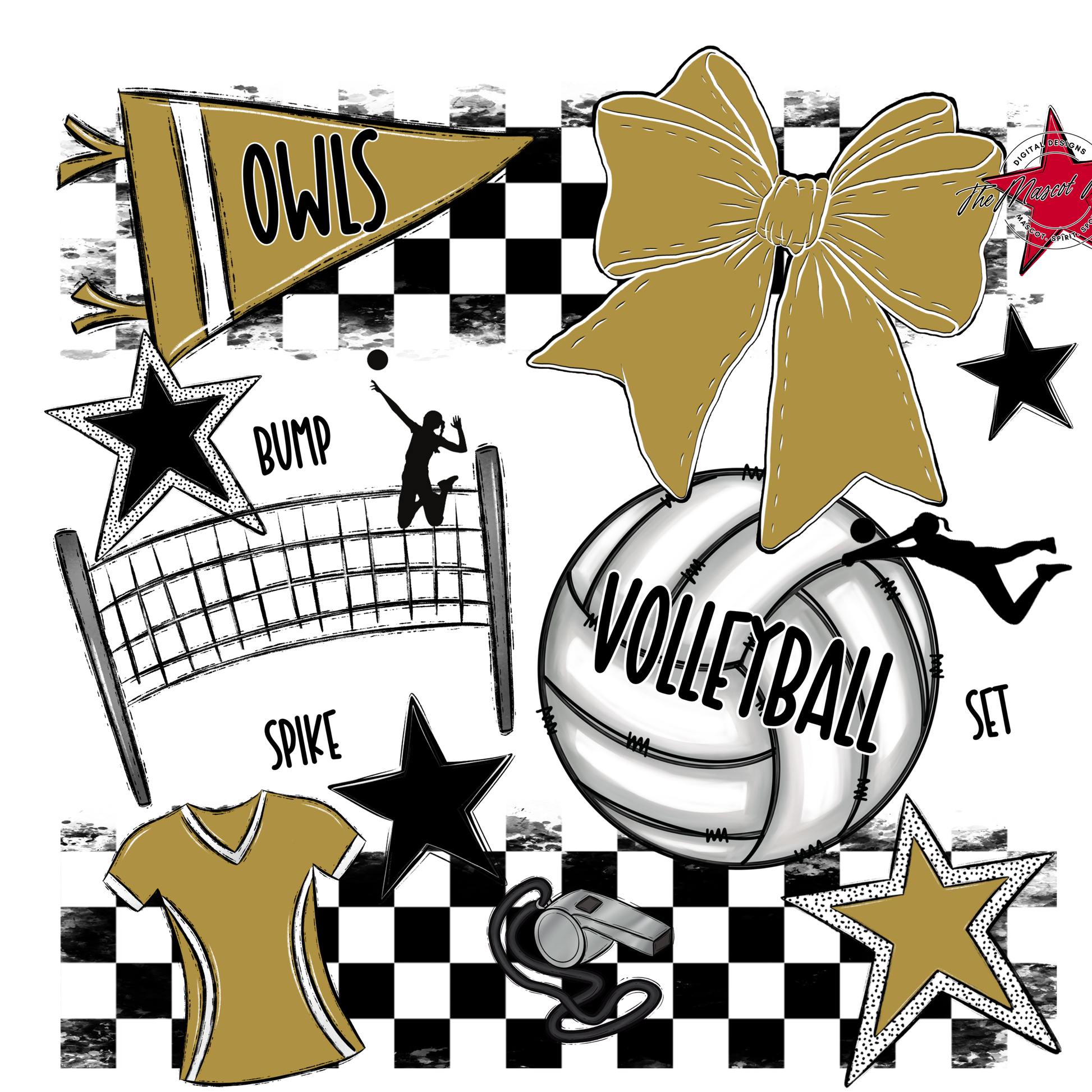 Owls Checkers Volleyball Spirit Design-Gold