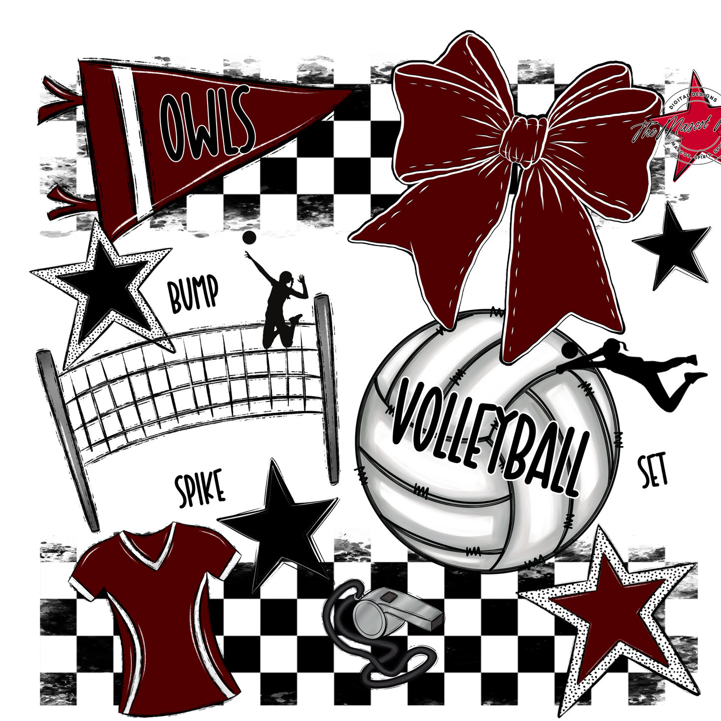 Owls Checkers Volleyball Spirit Design-Maroon
