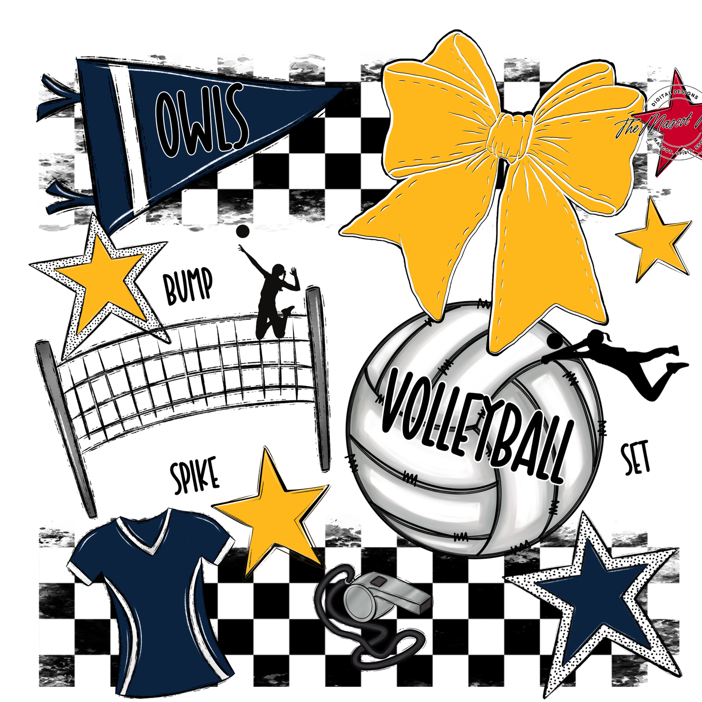 Owls Checkers Volleyball Spirit Design-Navy-Yellow