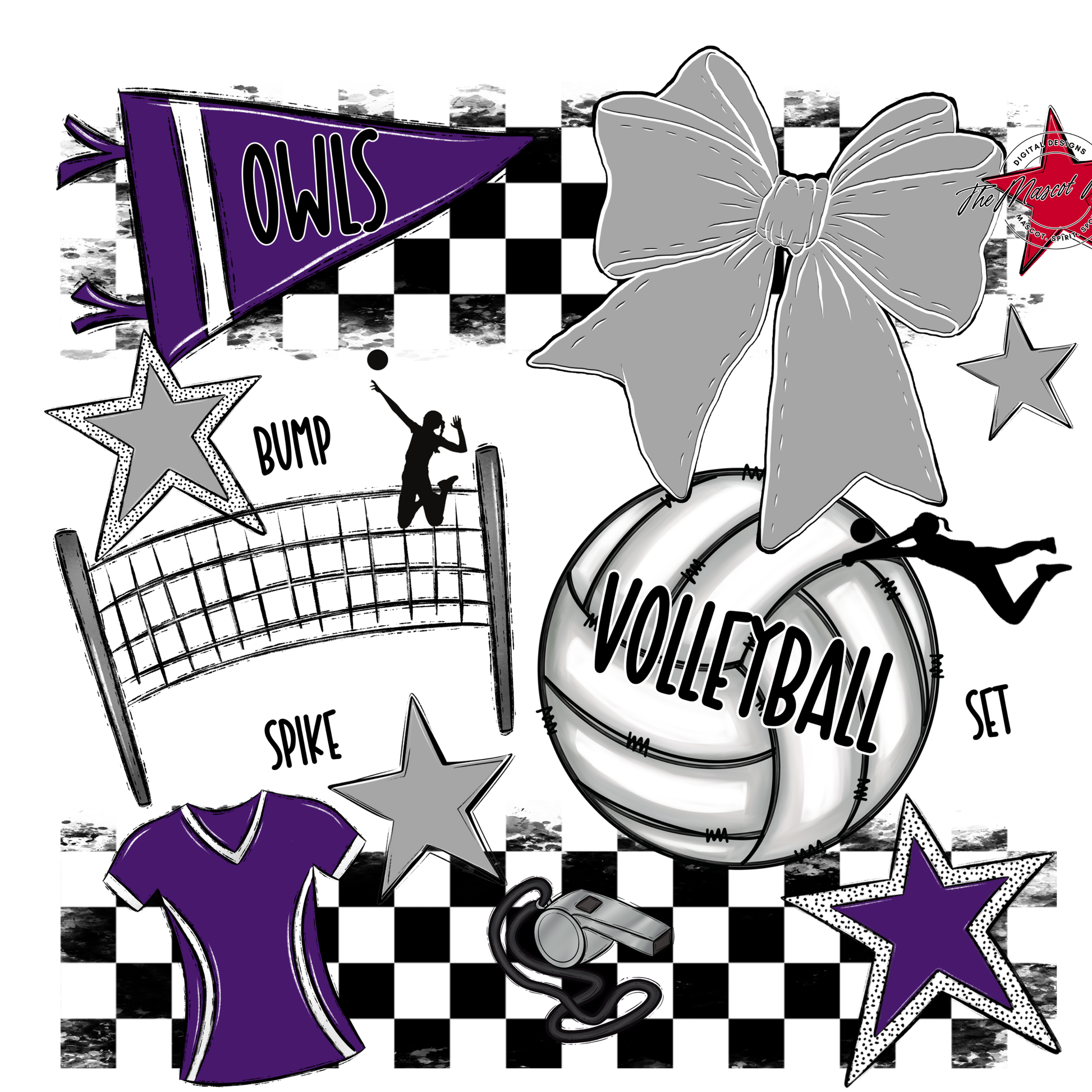 Owls Checkers Volleyball Spirit Design-Purple-Grey