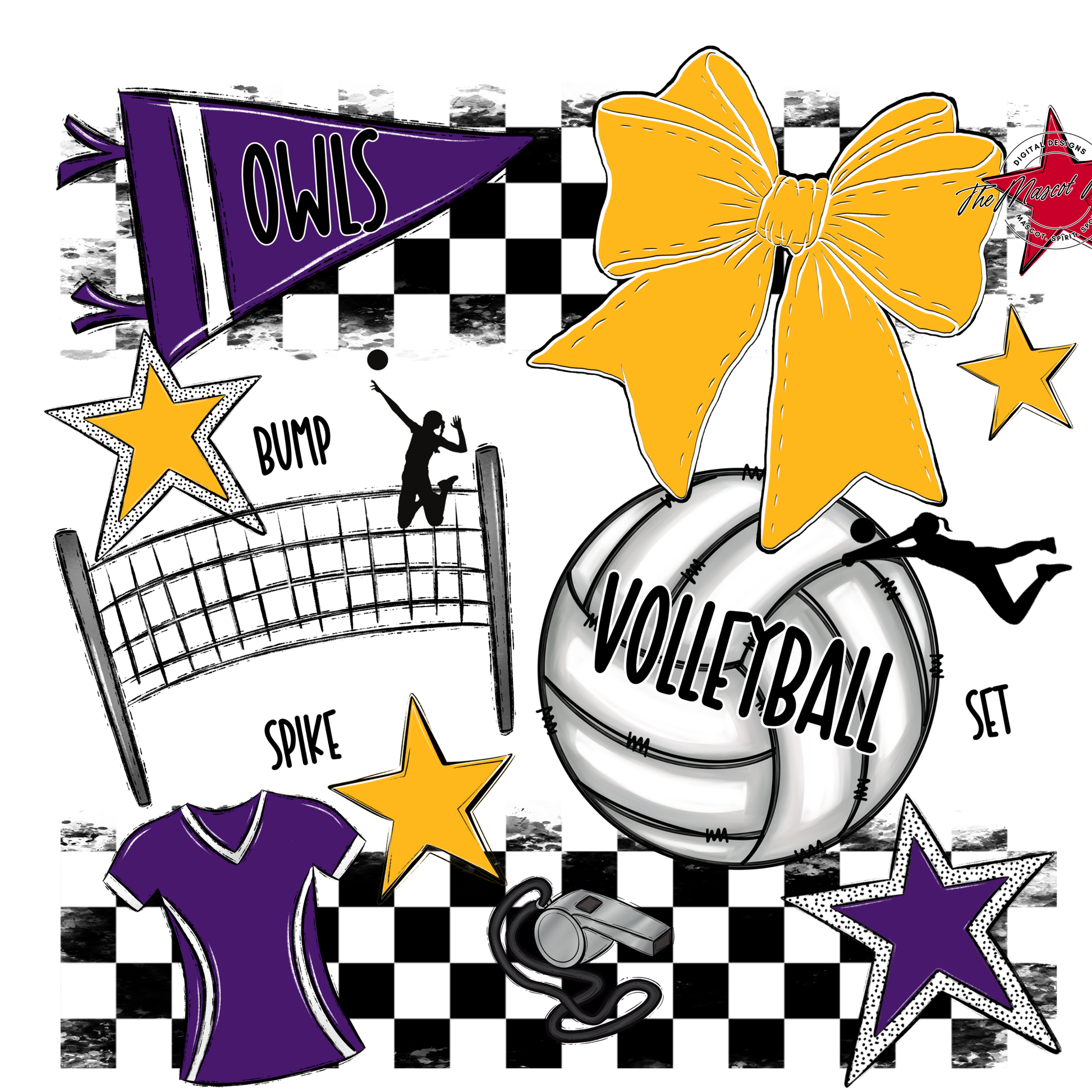 Owls Checkers Volleyball Spirit Design-Purple-Yellow