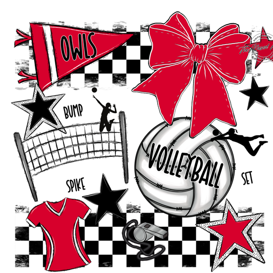 Owls Checkers Volleyball Spirit Design-Red