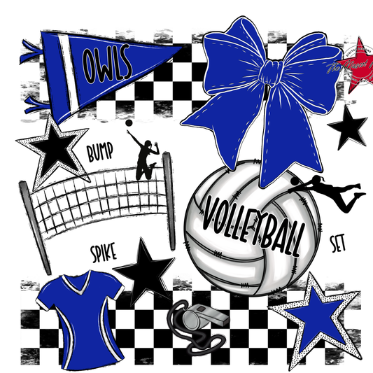 Owls Checkers Volleyball Spirit Design-Royal Blue