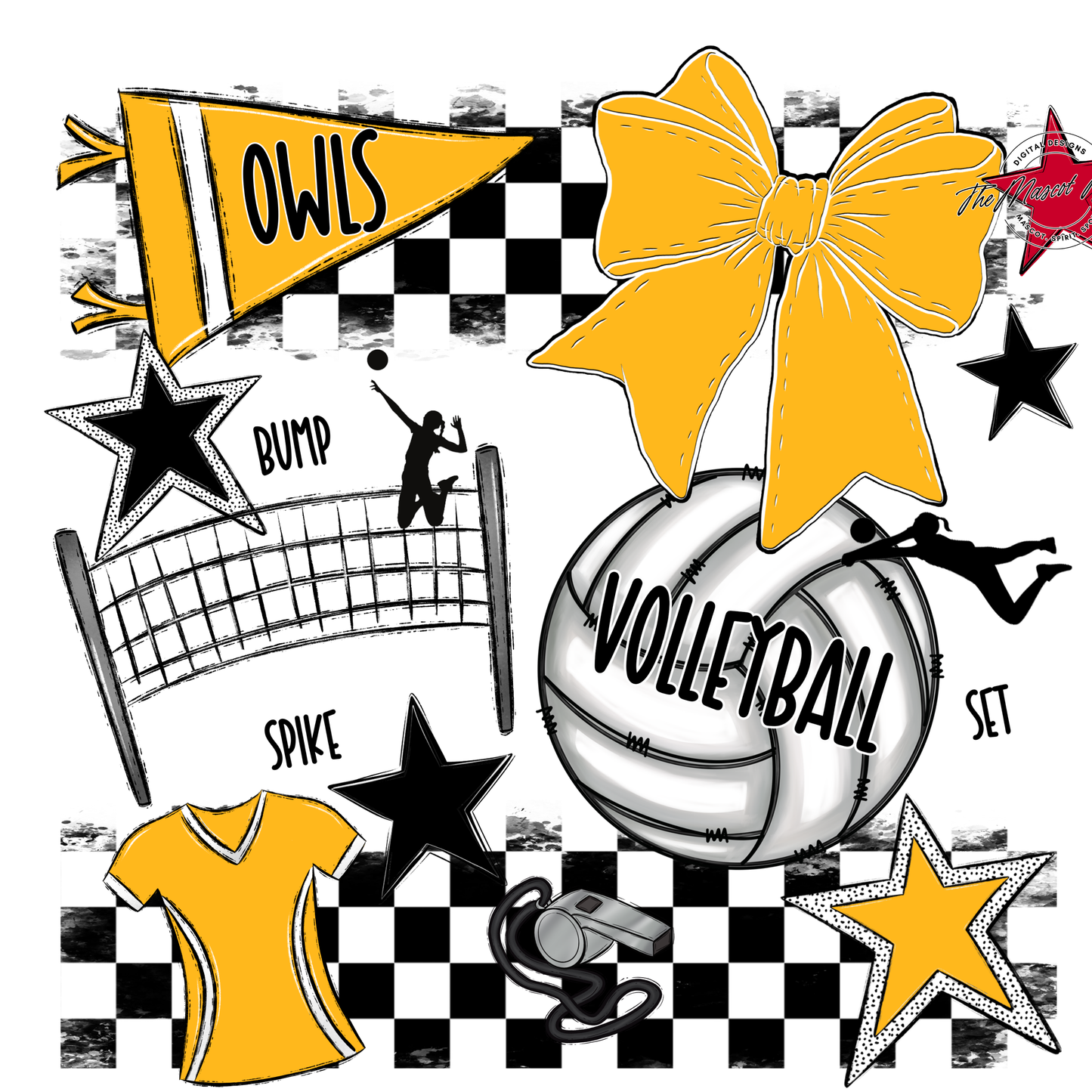 Owls Checkers Volleyball Spirit Design-Yellow