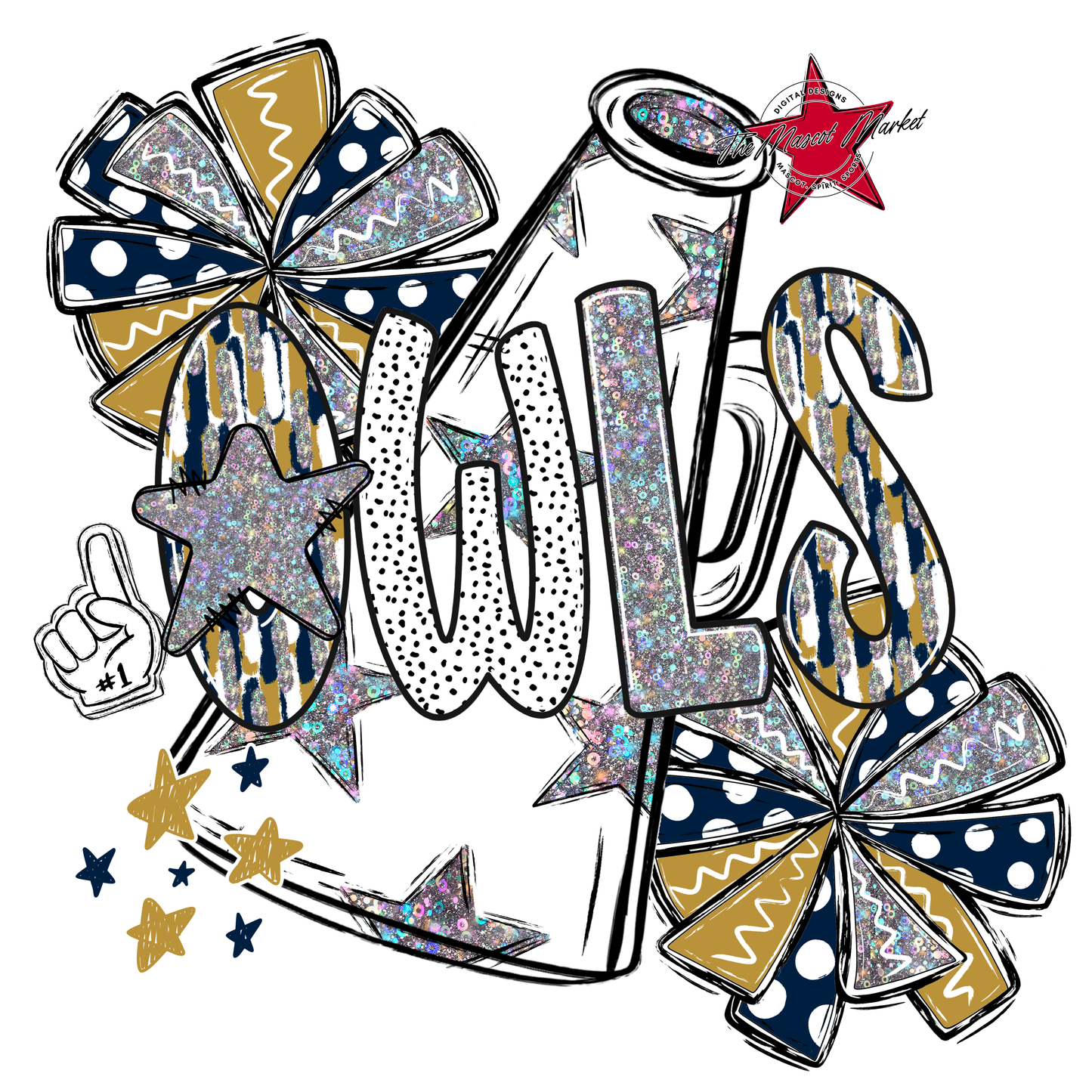 Owls Cheer Megaphone Scrape-Navy-Gold