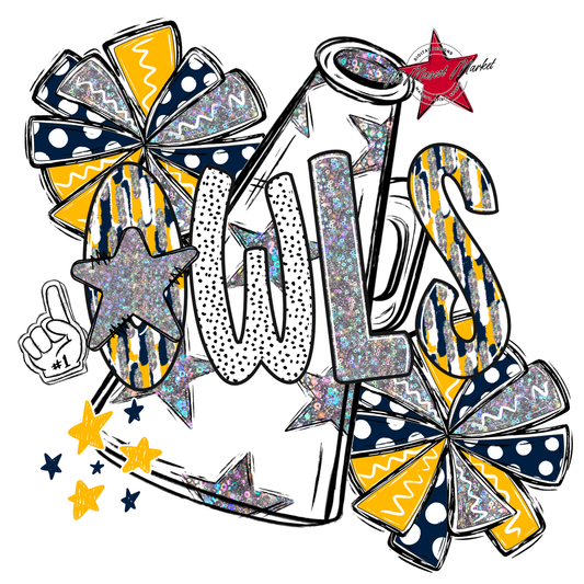 Owls Cheer Megaphone Scrape-Navy-Yellow