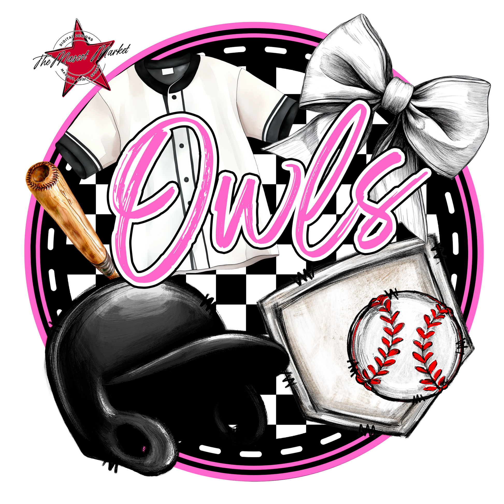 Owls Circle Baseball Design-Baby Pink