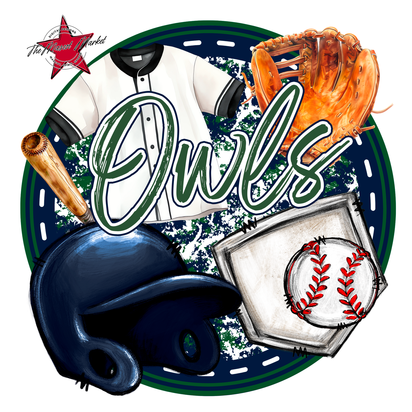 Owls Circle Baseball Design-Navy-Green