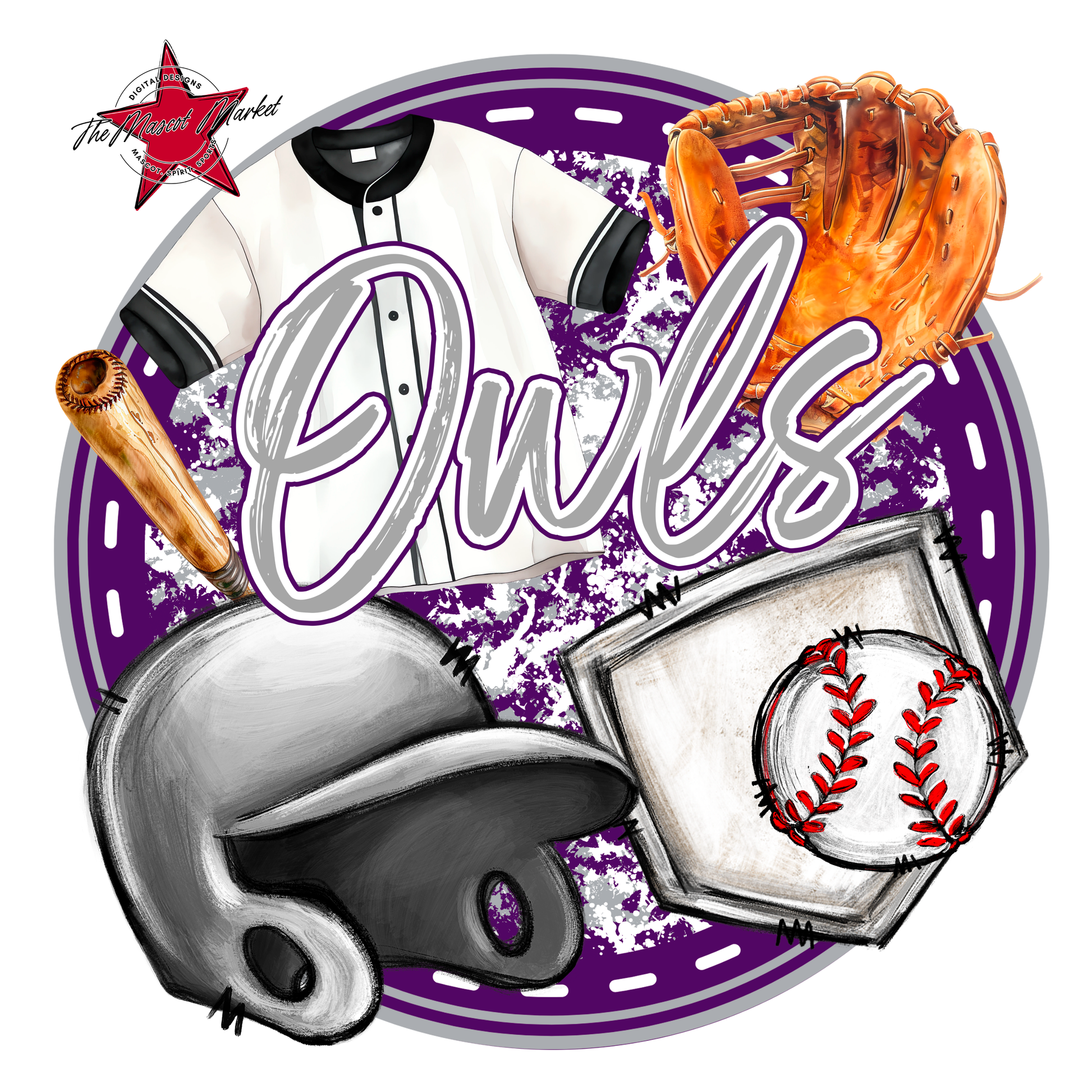 Owls Circle Baseball Design-Purple-Grey