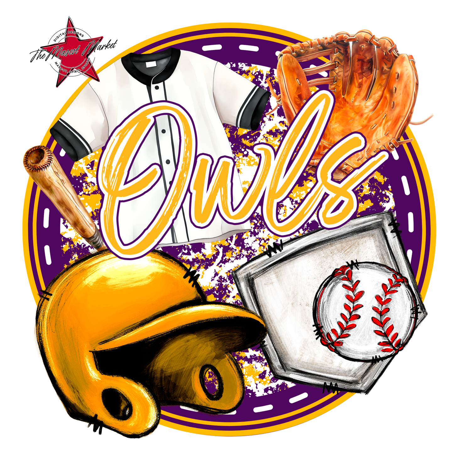 Owls Circle Baseball Design-Purple-Yellow