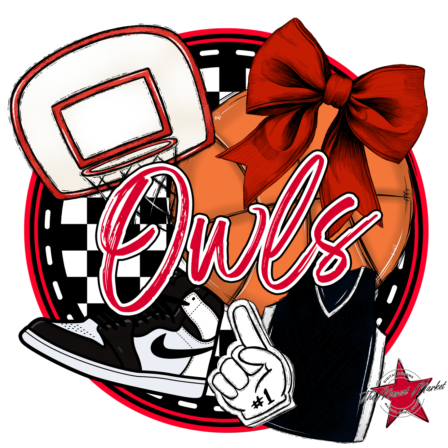 Owls Circle Basketball Design-Red