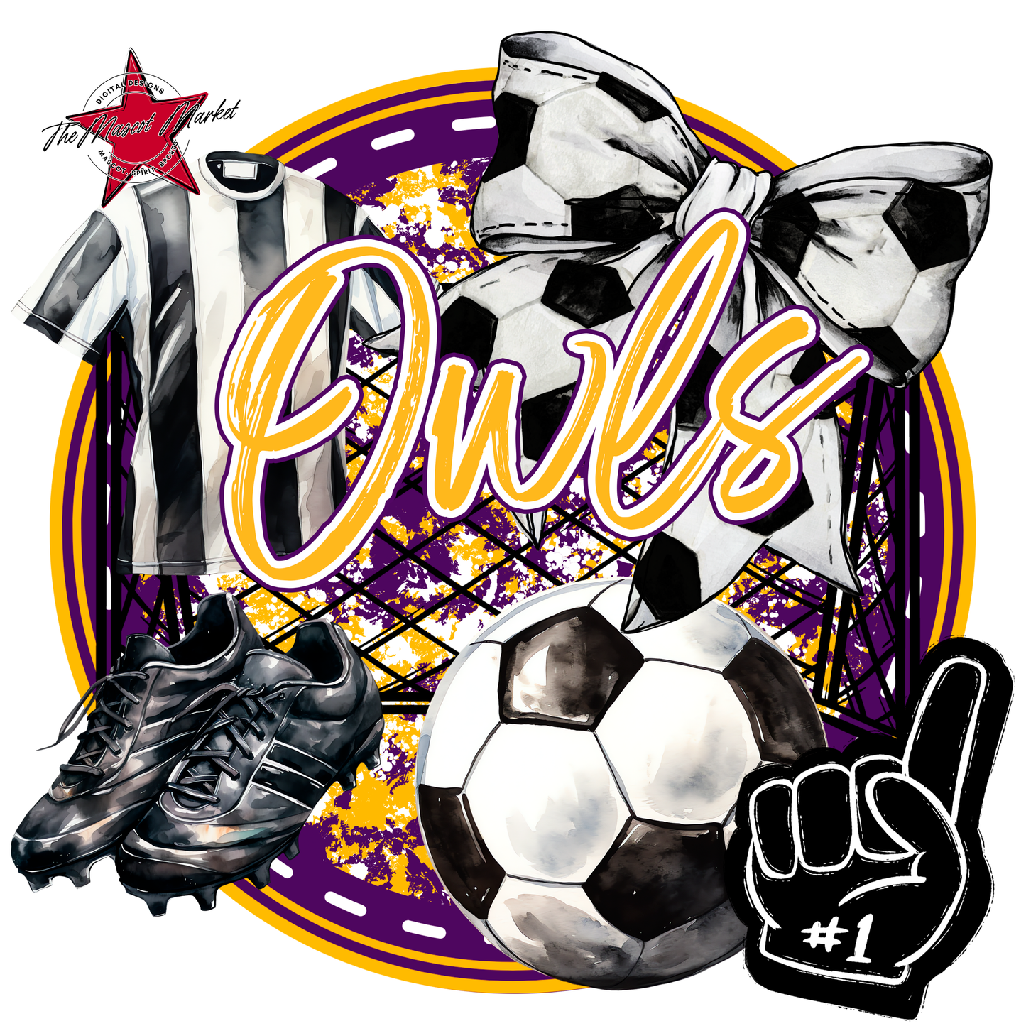 Owls Circle Soccer Design-Purple-Yellow