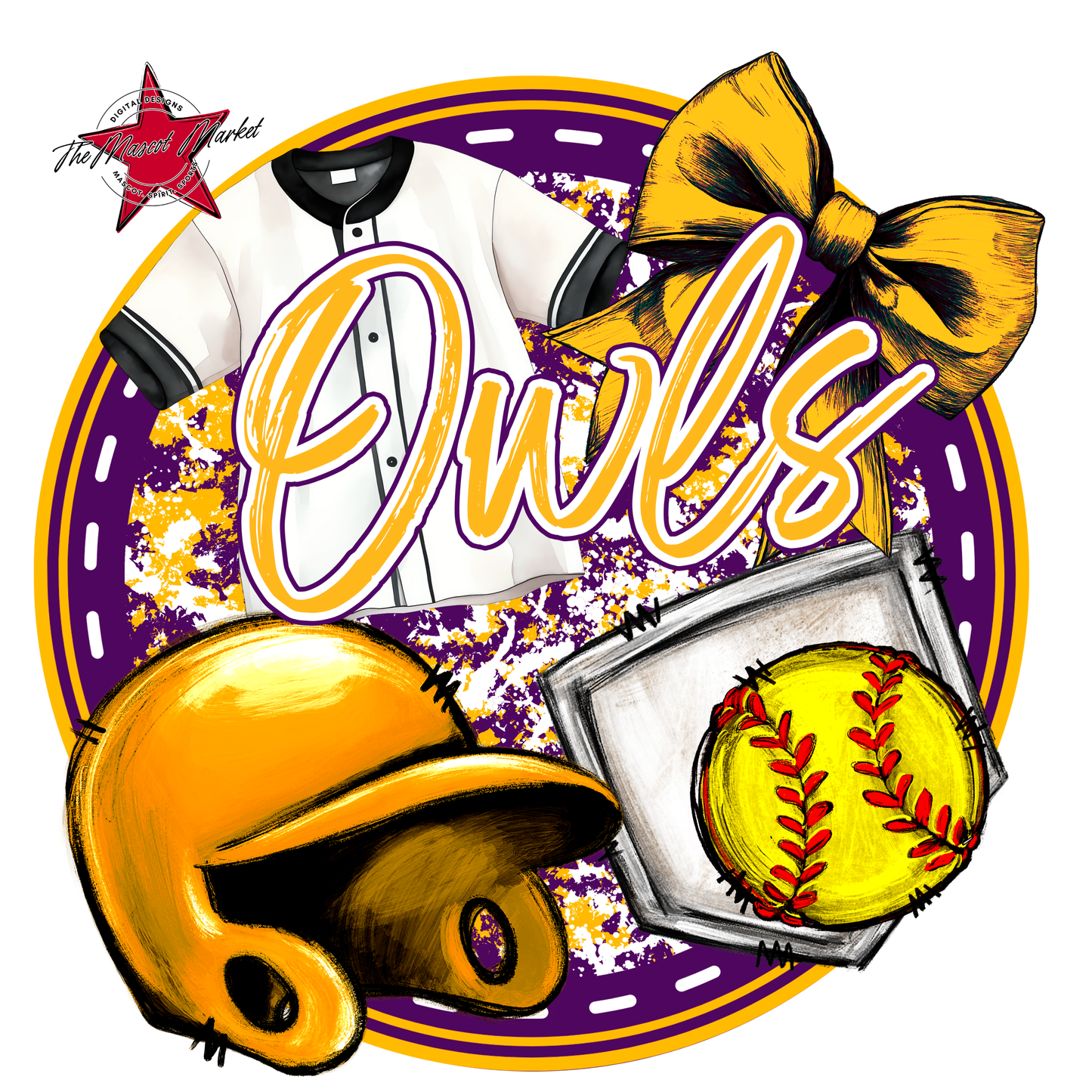 Owls Circle Softball Design-Purple-Yellow