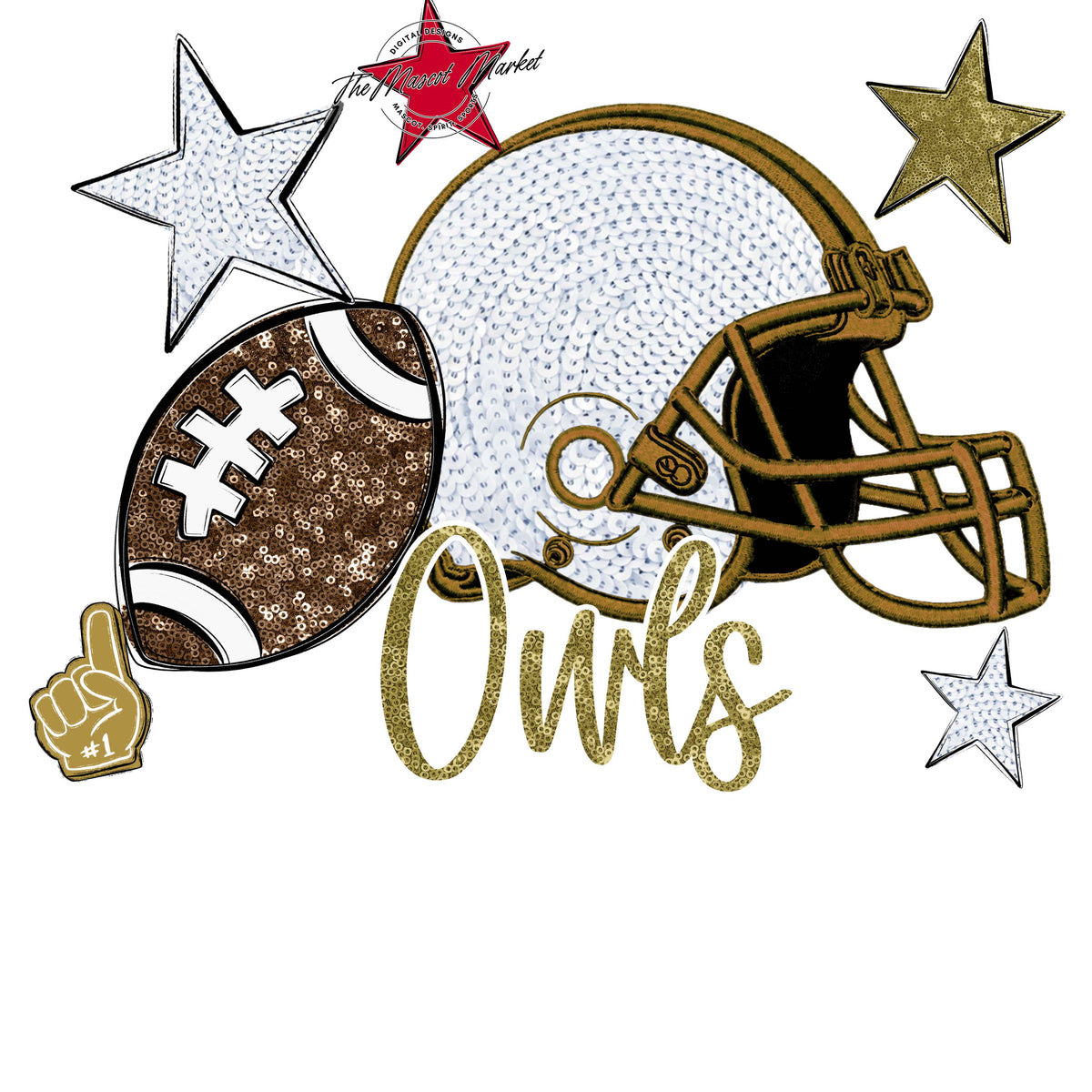 Owls Football Embroidered Sequins Design-Gold