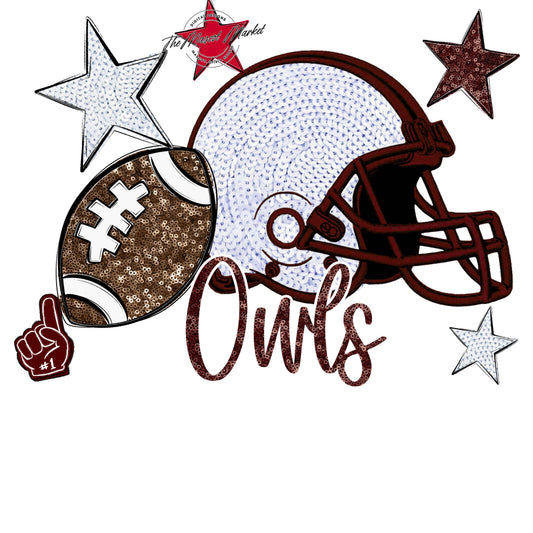 Owls Football Embroidered Sequins Design-Maroon