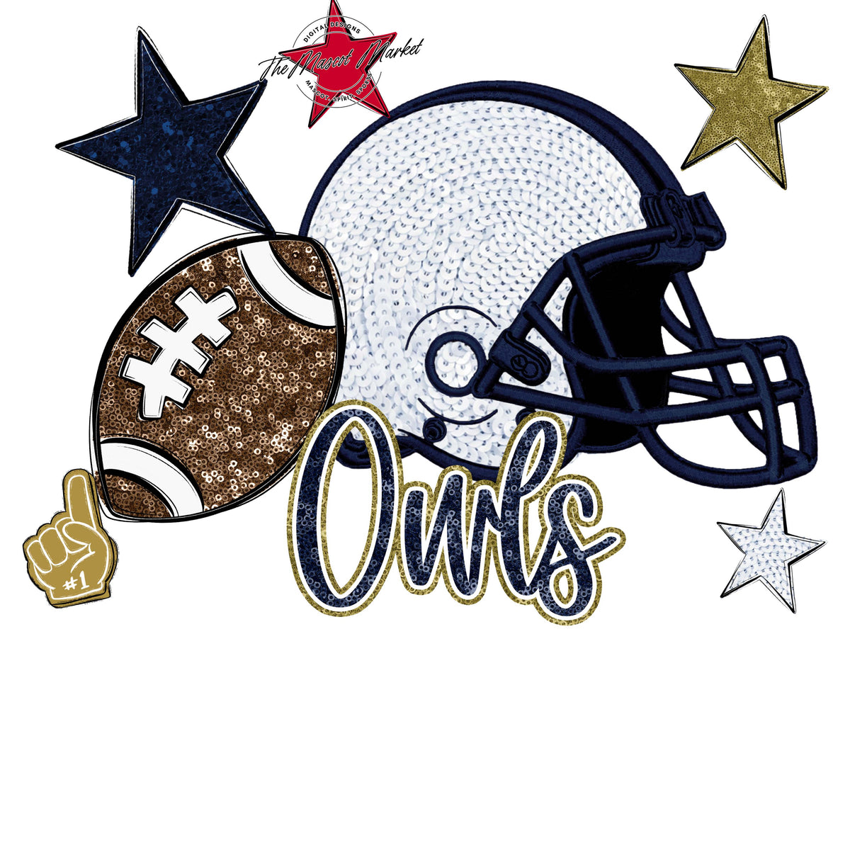 Owls Football Embroidered Sequins Design-Navy & Gold