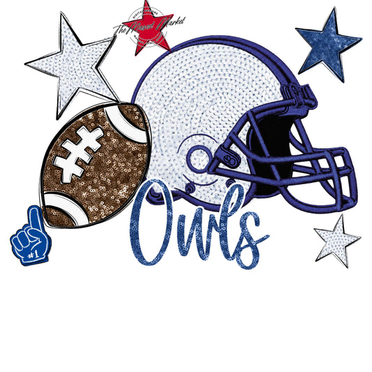 Owls Football Embroidered Sequins Design-Off Blue