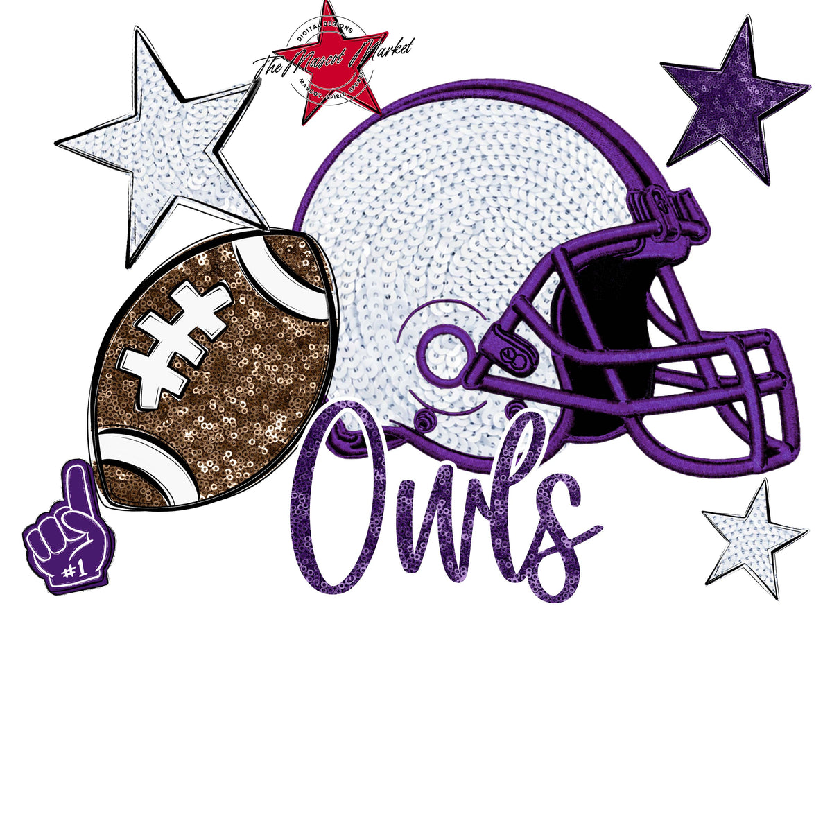 Owls Football Embroidered Sequins Design-Purple
