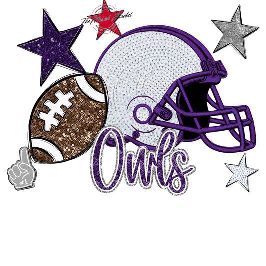 Owls Football Embroidered Sequins Design-Purple & Grey