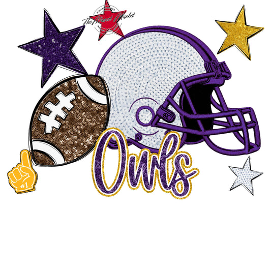 Owls Football Embroidered Sequins Design-Purple & Yellow