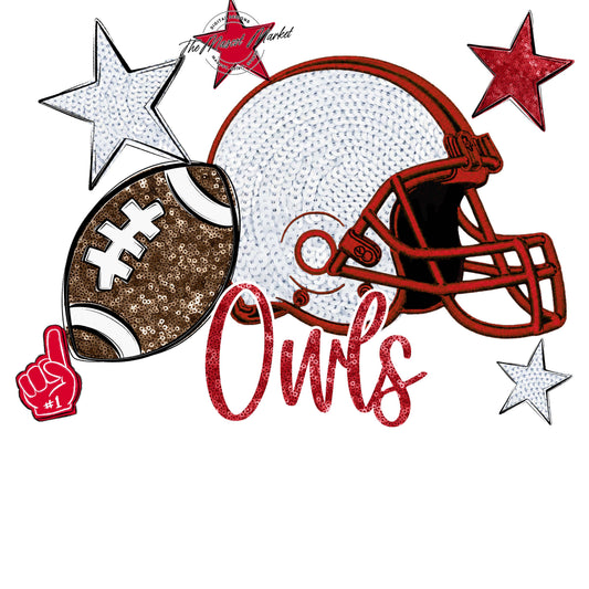 Owls Football Embroidered Sequins Design-Red