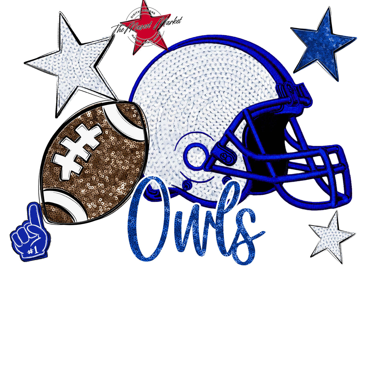 Owls Football Embroidered Sequins Design-Royal Blue