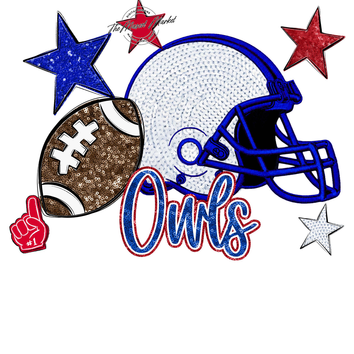 Owls Football Embroidered Sequins Design-Royal Blue & Red