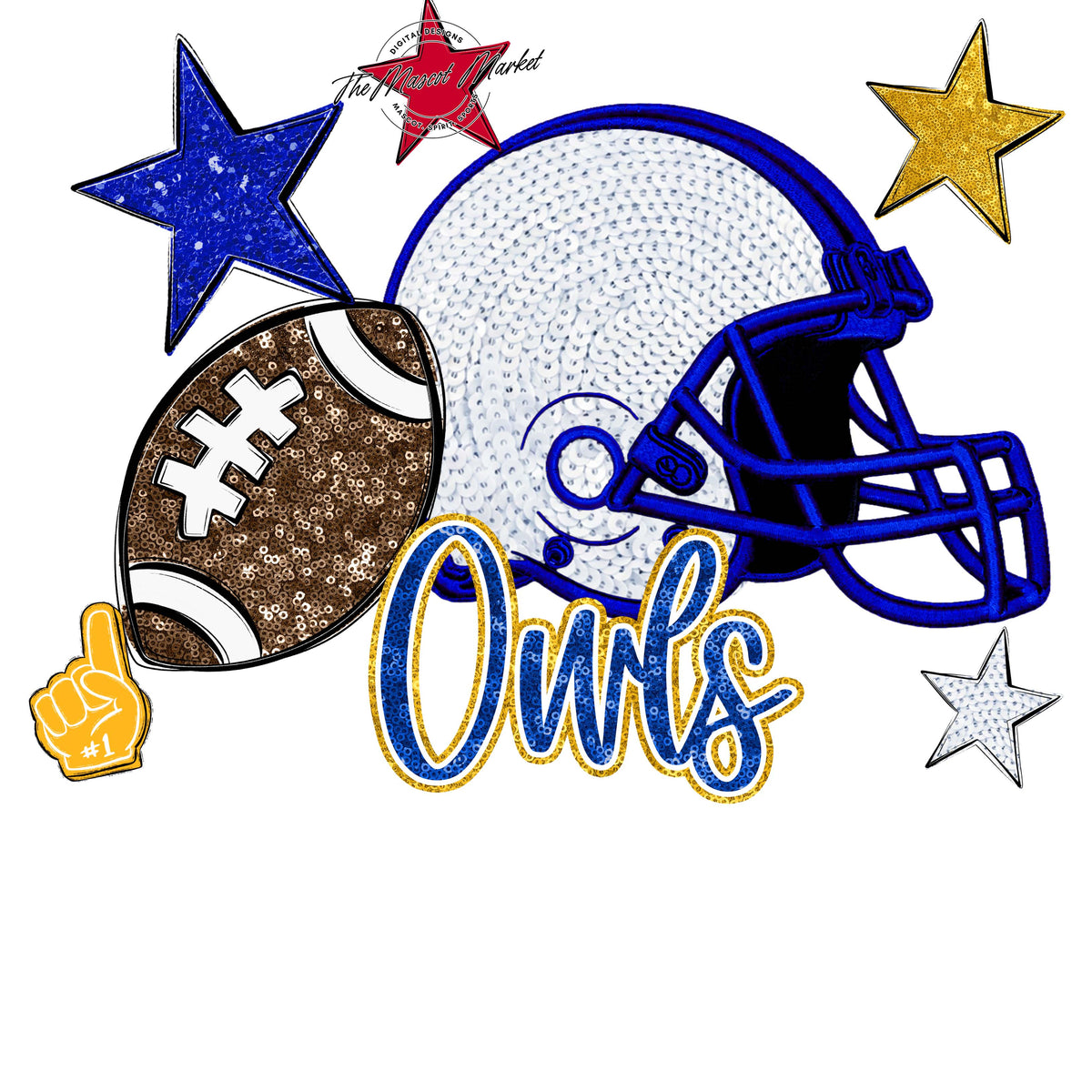 Owls Football Embroidered Sequins Design-Royal Blue & Yellow